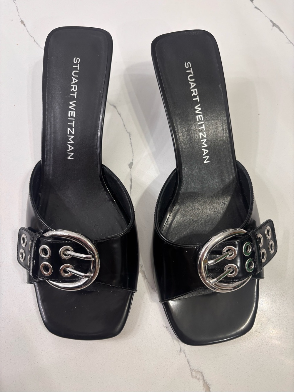Stuart Weitzman Black Patent Buckle Slide Mules